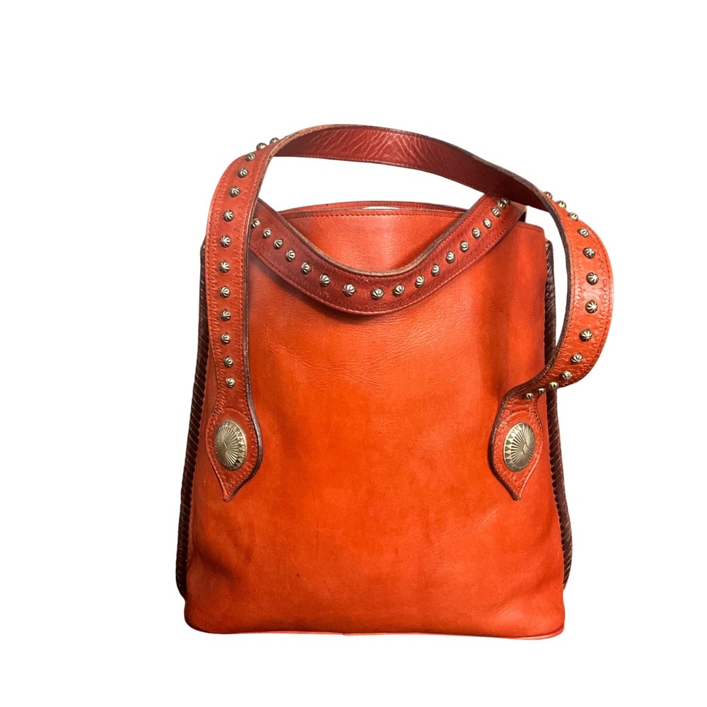 Unbranded Leather Bucket Bag Women OS Orange Studded Concho Western Boho Handbag
